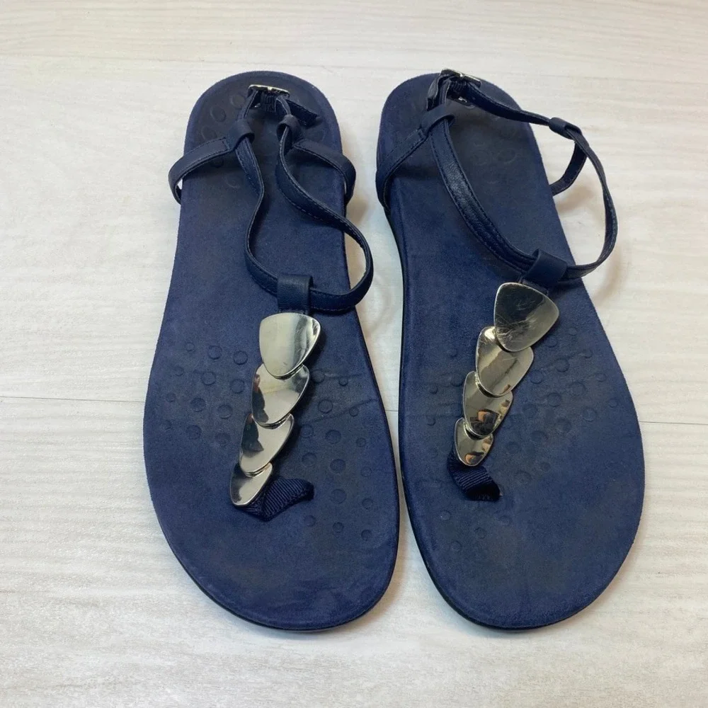 Vionic Womens 9 Rest Kirra Backstrap Sandals Metallic T-Strap Navy Blue Comfort